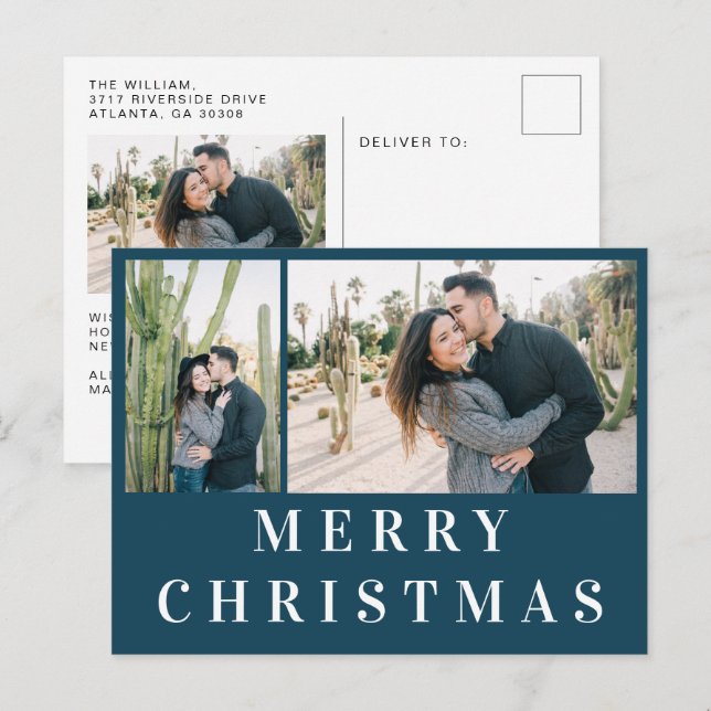 Postal Collage de fotos de Navidad con texto blanco azul  (Anverso / Reverso)