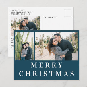Postal Collage de fotos de Navidad con texto blanco azul 