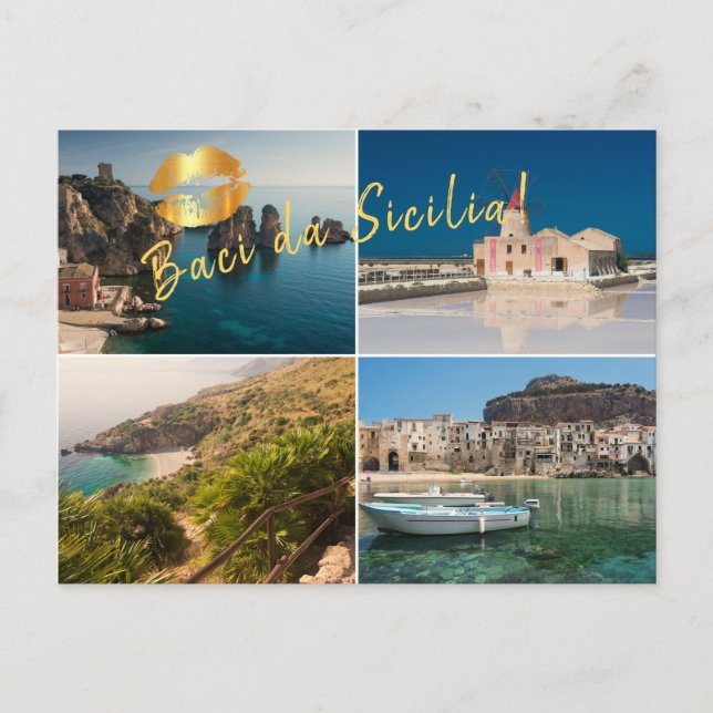 Postal Collage de fotos de Sicilia con besos (Anverso)
