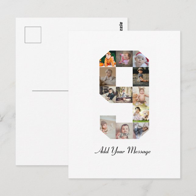 Postal Collage de fotos del número 9 en blanco y negro (Anverso / Reverso)