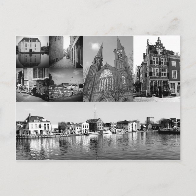Postal collage de fotos Delft 4 en blanco y negro (Anverso)