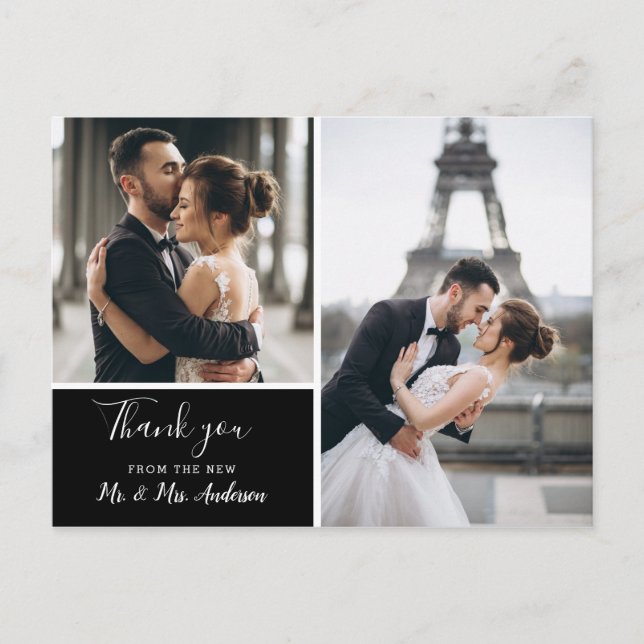 Postal Collage de fotos elegante negro 2 | Gracias (Anverso)