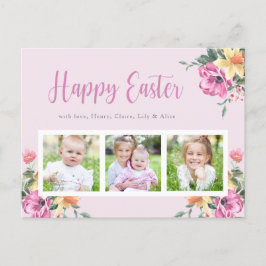 Postal Collage de Fotos Florales con Acuarela Feliz Pascu