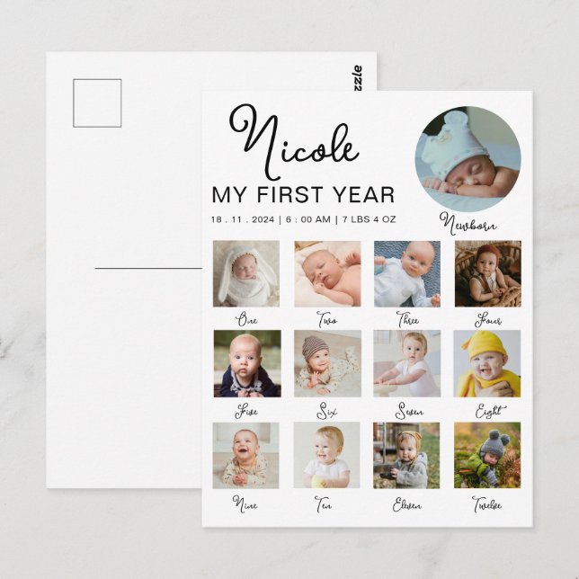 Postal Collage de fotos moderno de 12 meses de primer año (Anverso / Reverso)