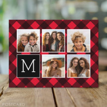 Collage de Fotos - Monograma Plaid Rojo Negro Búfa