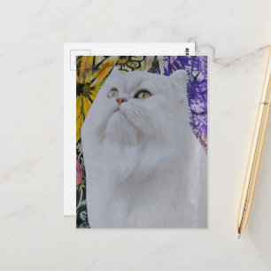 Postal Collage de gato blanco en flores