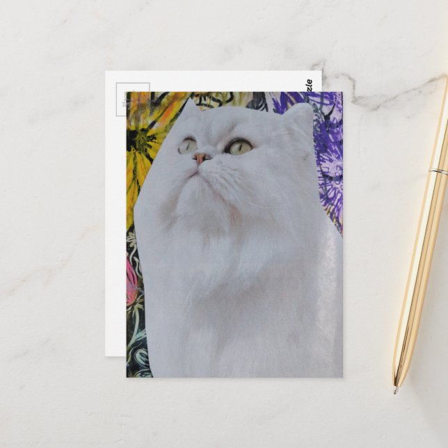 Postal Collage de gato blanco en flores de medios mixtos (Anverso/Reverso In Situ)