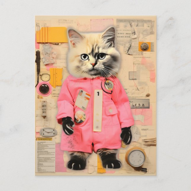 Postal Collage de gato rosado (Anverso)