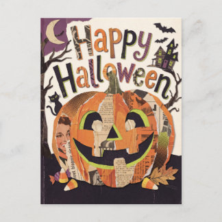 Postal Collage de Halloween vintage de calabaza artística