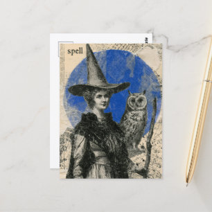 Postal Collage de hechicera y búho vintage