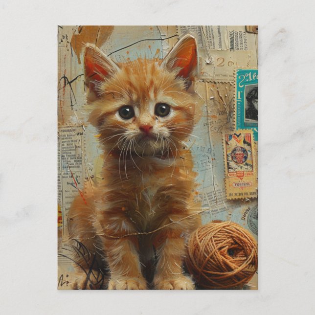 Postal Collage de Hilo de Gatito Naranja Arte de Medios M (Anverso)