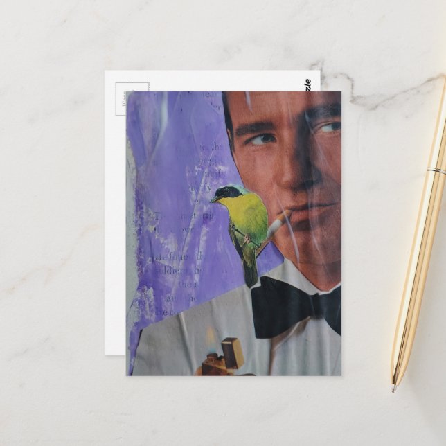 Postal Collage de hombre retro fumando y un pajarito lind (Anverso/Reverso In Situ)