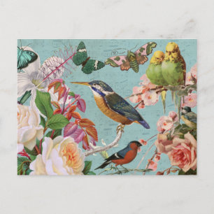 Postal Collage de mariposas y pájaros de Rosas de la époc