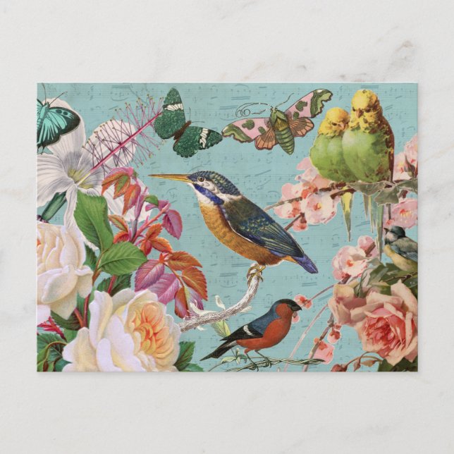 Postal Collage de mariposas y pájaros de Rosas de la époc (Anverso)