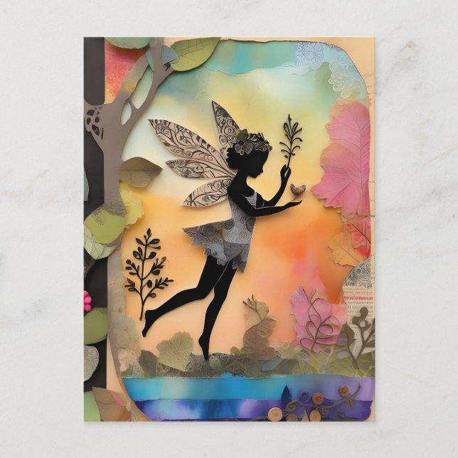 Postal Collage de medios mixtos Adorable Cute Fairy (Anverso)