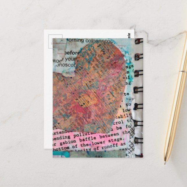 Postal Collage de medios mixtos con corazón de partitura (Anverso/Reverso In Situ)