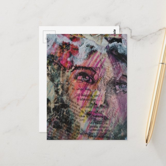Postal Collage de medios mixtos con vocabulario facial ún (Anverso/Reverso In Situ)