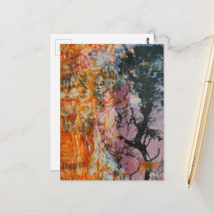 Postal Collage de Medios Mixtos de Árbol Rosa Naranja Azu