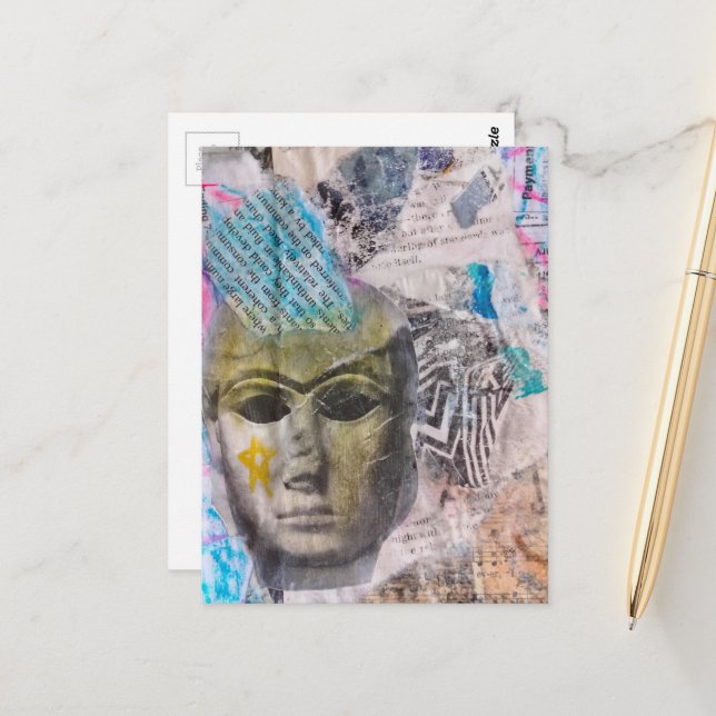 Postal Collage de medios mixtos de cara de piedra única a (Anverso/Reverso In Situ)