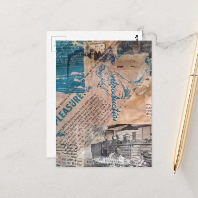 Postal Collage de medios mixtos de carpintería retro (Anverso/Reverso In Situ)