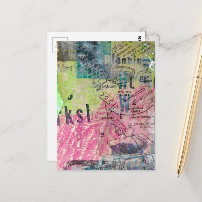 Postal Collage de medios mixtos de carpintería retro colo (Anverso/Reverso In Situ)