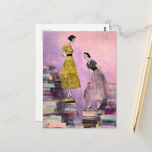 Postal Collage de medios mixtos de dos mujeres (Anverso/Reverso In Situ)