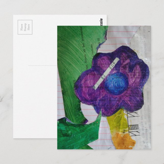 Postal Collage de Medios Mixtos de Flor Púrpura (Anverso / Reverso)