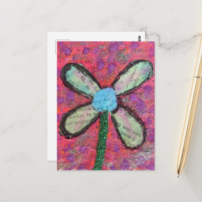 Postal Collage de medios mixtos de flores (Anverso/Reverso In Situ)