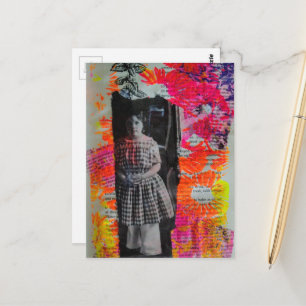 Postal Collage de Medios Mixtos de Flores Brillantes Niño