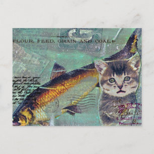 Postal Collage de medios mixtos de gato