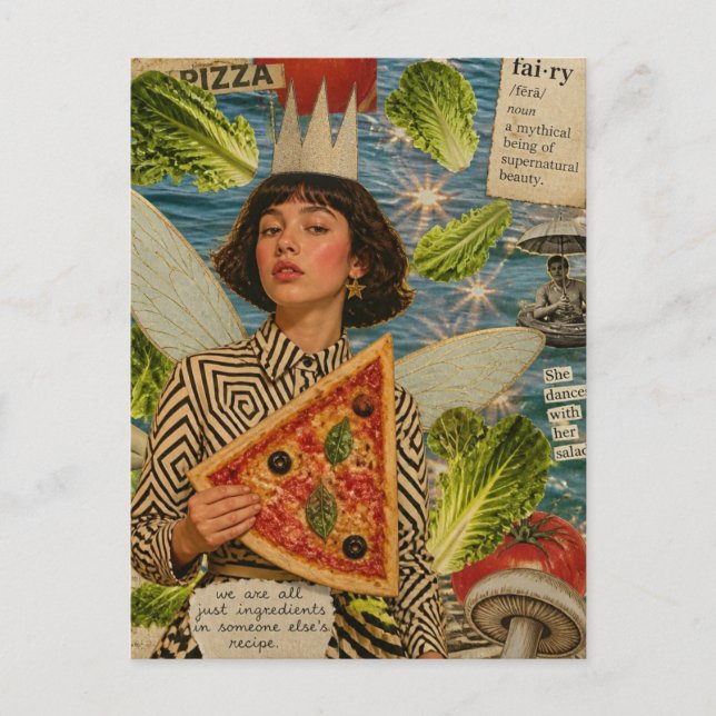 Postal Collage de Medios Mixtos de Hada de Pizza (Anverso)