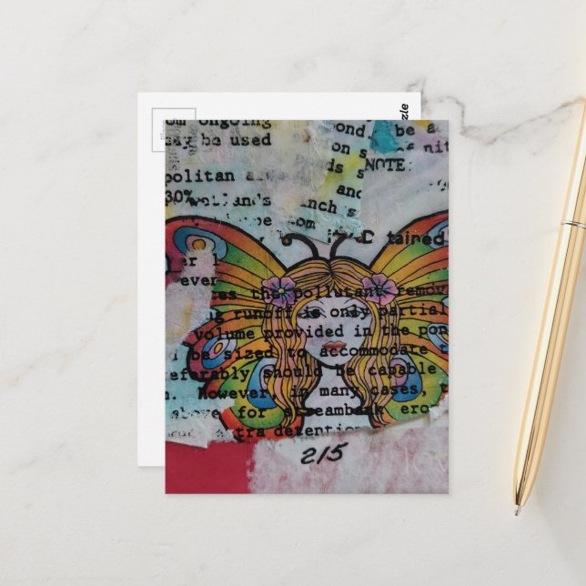 Postal Collage de Medios Mixtos de Mujer Mariposa Retro H (Anverso/Reverso In Situ)