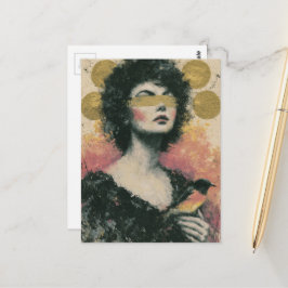 Postal Collage de medios mixtos de mujer y pájaro