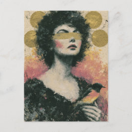 Postal Collage de medios mixtos de mujer y pájaro