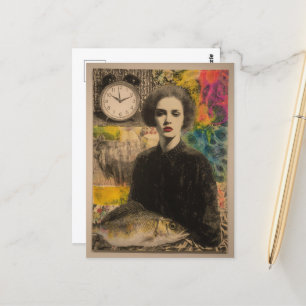 Postal Collage de medios mixtos de mujeres con peces