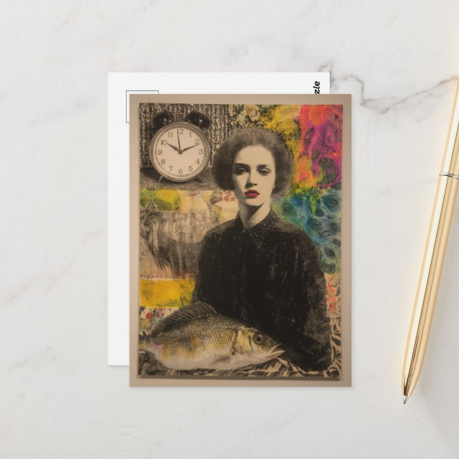 Postal Collage de medios mixtos de mujeres con peces (Anverso/Reverso In Situ)