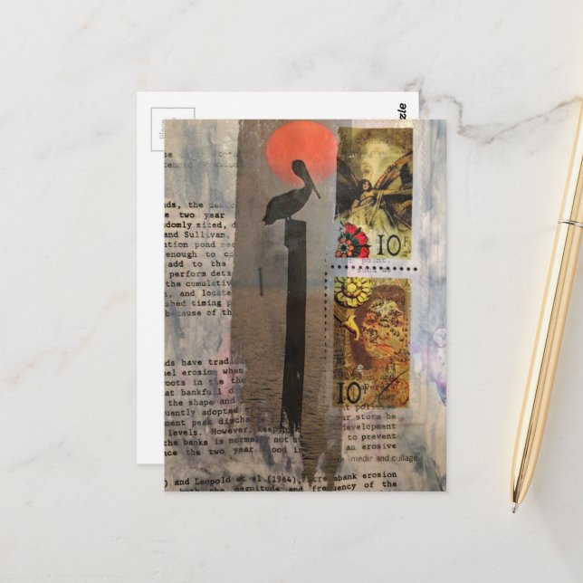 Postal Collage de medios mixtos de pelícano (Anverso/Reverso In Situ)