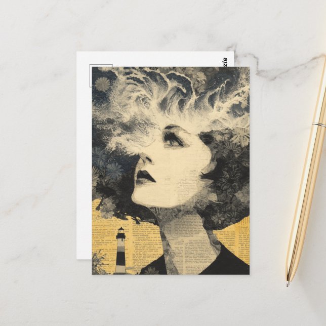 Postal Collage de medios mixtos del faro de ondas cerebra (Anverso/Reverso In Situ)