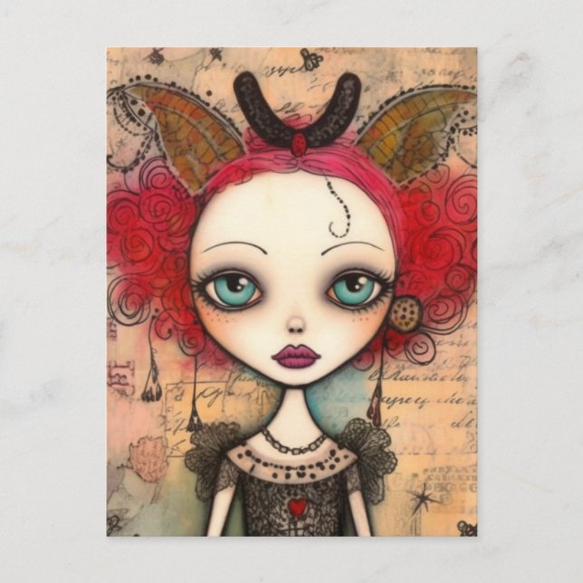 Postal Collage de medios mixtos Red Haired Fairy (Anverso)