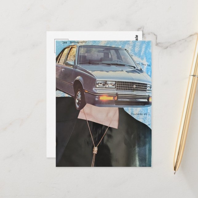 Postal Collage de mujer con cabeza de coche retro (Anverso/Reverso In Situ)