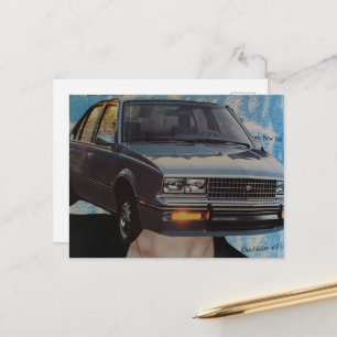 Postal Collage de mujer con cabeza de coche retro