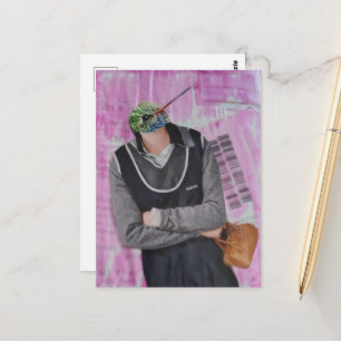 Postal Collage de mujer con cabeza de colibrí surrealista