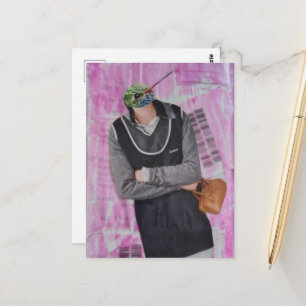 Postal Collage de mujer con cabeza de colibrí surrealista