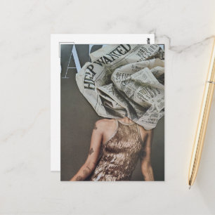 Postal Collage de mujer con cabeza de flor de periódico r