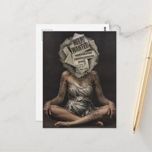 Postal Collage de mujer con cabeza de flor de periódico r
