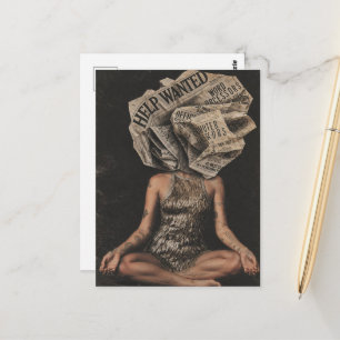 Postal Collage de mujer con cabeza de flor de periódico r