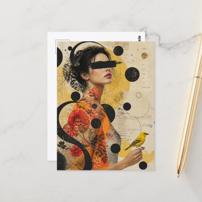 Postal Collage de mujer y pájaro amarillo (Anverso/Reverso In Situ)