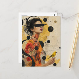 Postal Collage de mujer y pájaro amarillo