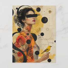 Postal Collage de mujer y pájaro amarillo