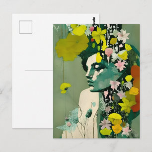 Postal Collage de mujeres y flores rosas y amarillas